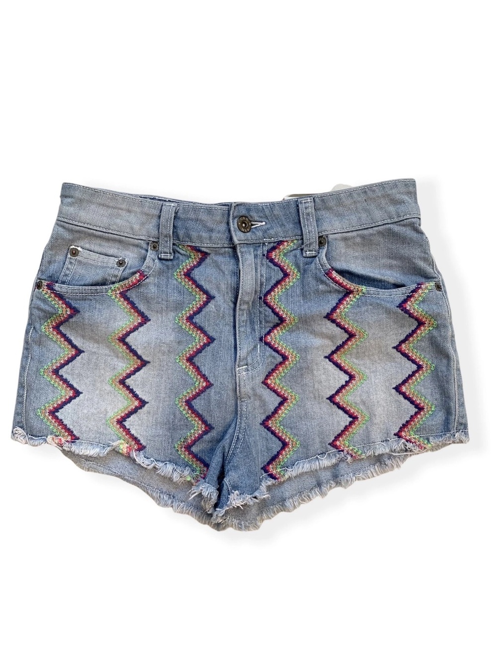 Carmar Embroidered Zigzag Denim Jean Shorts Fray Cut Off 28 Raw Hem Boho Hippie